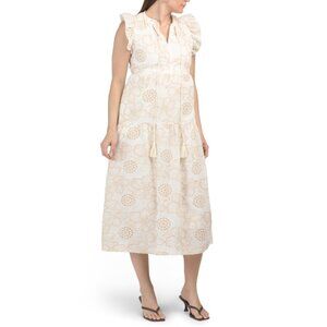 LINEA MODA White/sand Flutter Sleeve Embroidered Eyelet Tiered Midi Dress